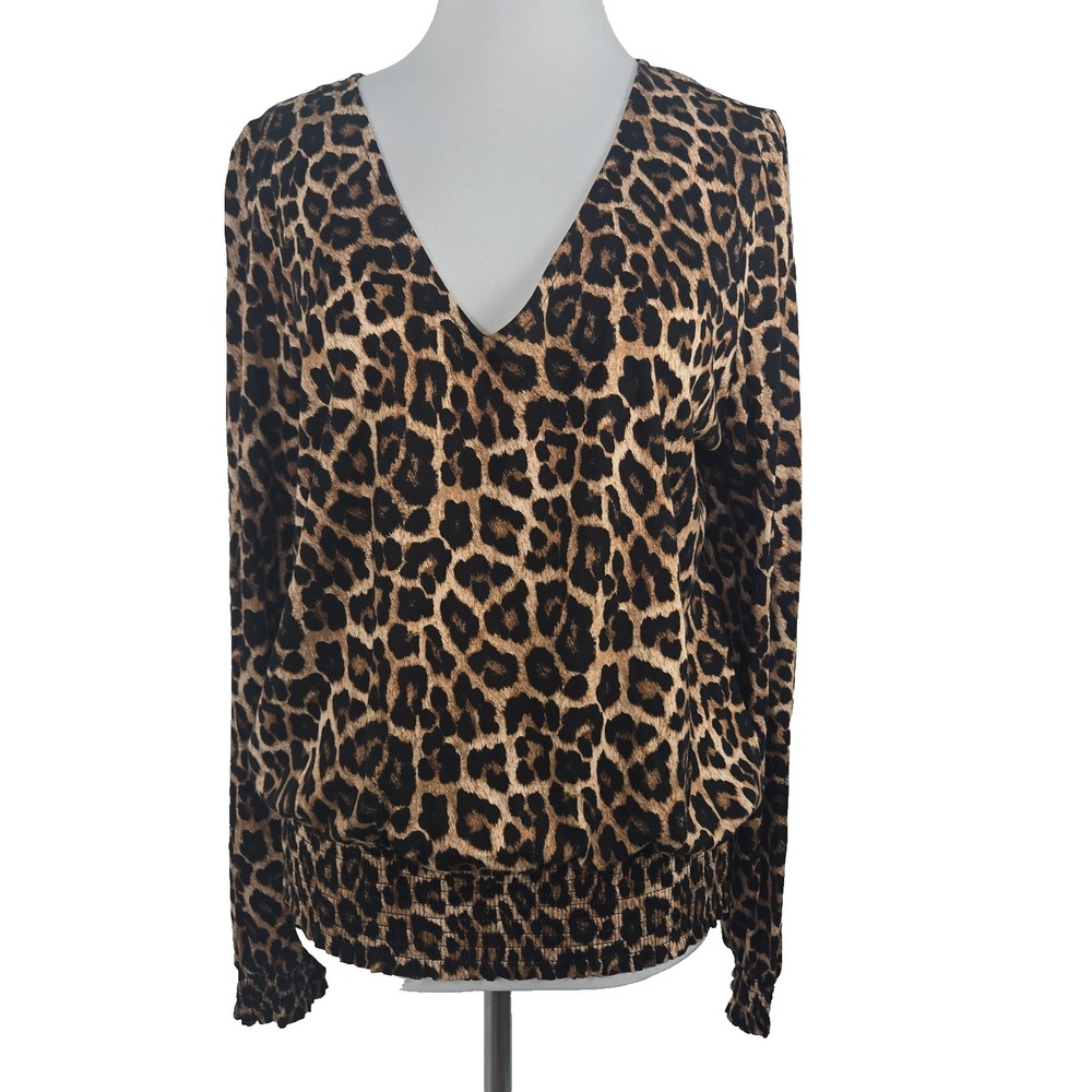 Michael Kors Large Leopard Print Long Sleeve Jersey V-neck Top Smocked Band L